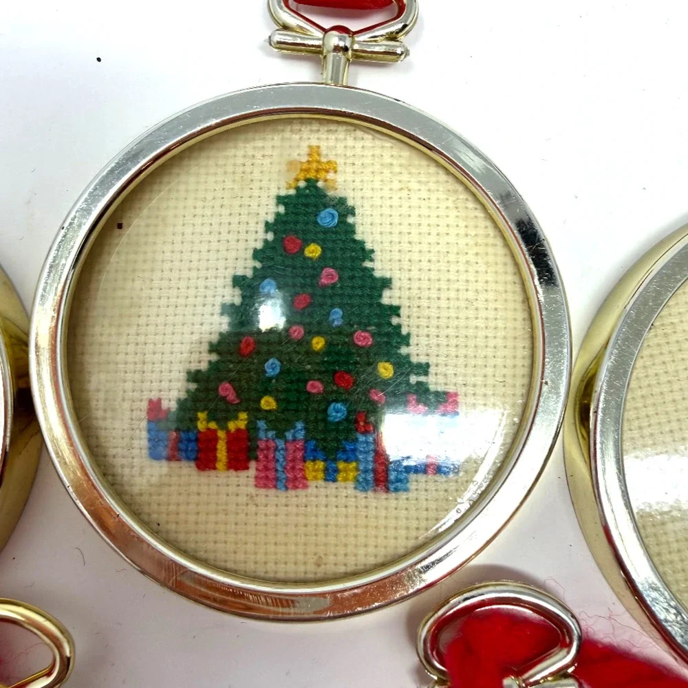 Lot of 5 Handmade Cross Stitch Christmas Ornaments Metal Frames Vintage